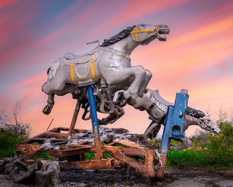 Riders of the Storm: Discarded carousel horses remain suspended between motion, memory, and ruin.