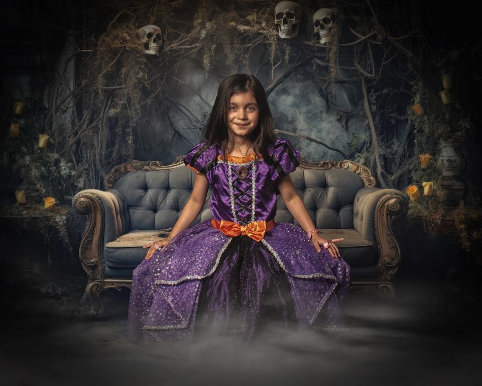 Portrait in Violet: A theatrical portrait where childhood wonder meets the mysterious beauty of shadow.